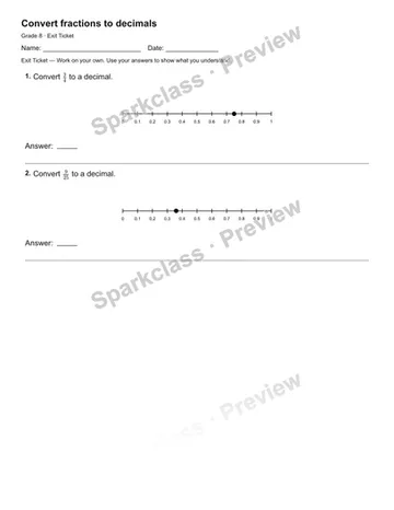 Convert fractions to decimals — Exit Ticket — Grade 8 worksheet preview