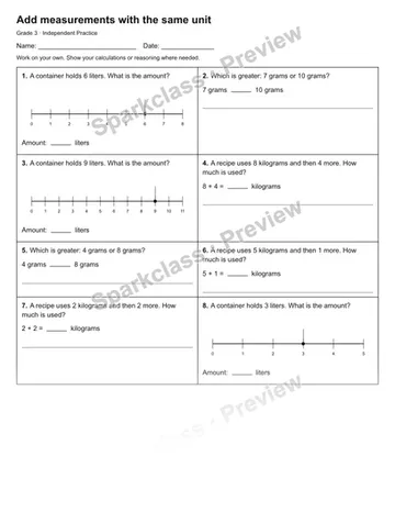 Add measurements with the same unit — Independent Practice — Grade 3 worksheet preview