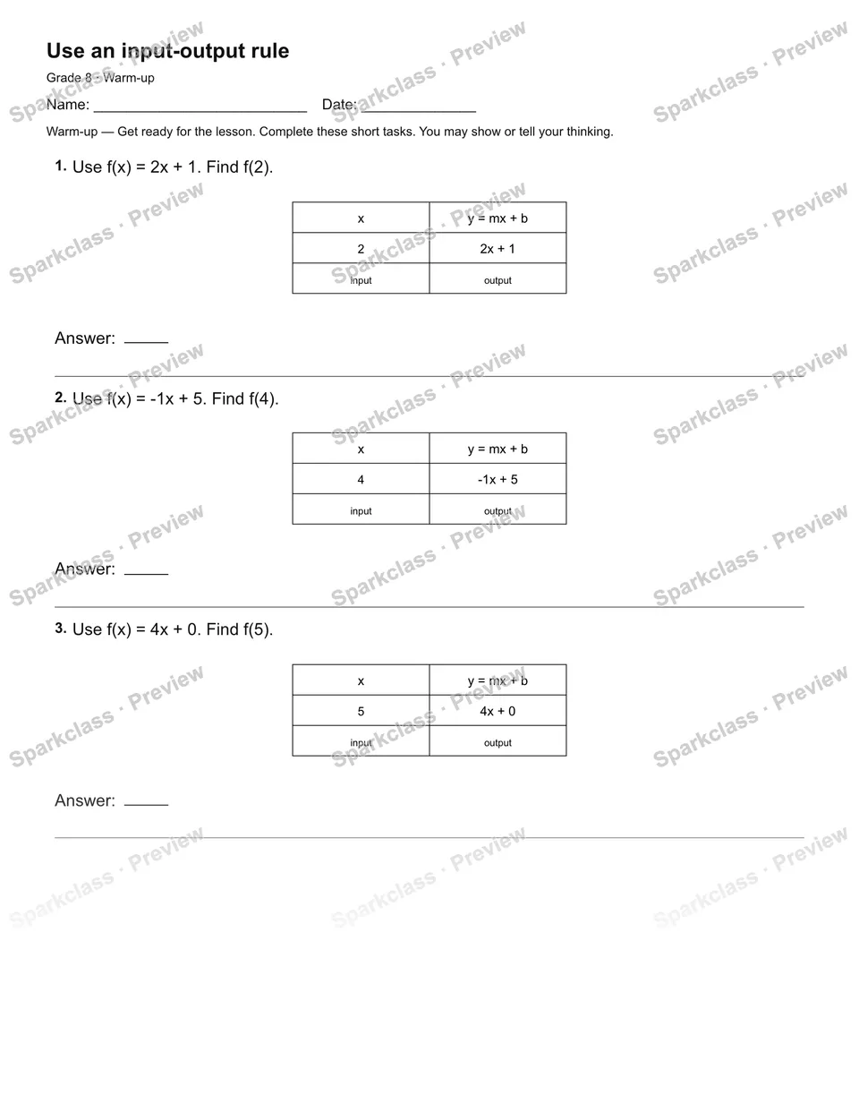 Use an input-output rule — Warm-up — page 1