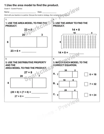 1.Use the area model to find the product. — Guided Practice — Grade 5 worksheet preview