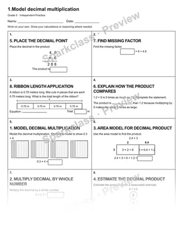 1.Model decimal multiplication — Independent Practice — Grade 5 worksheet preview