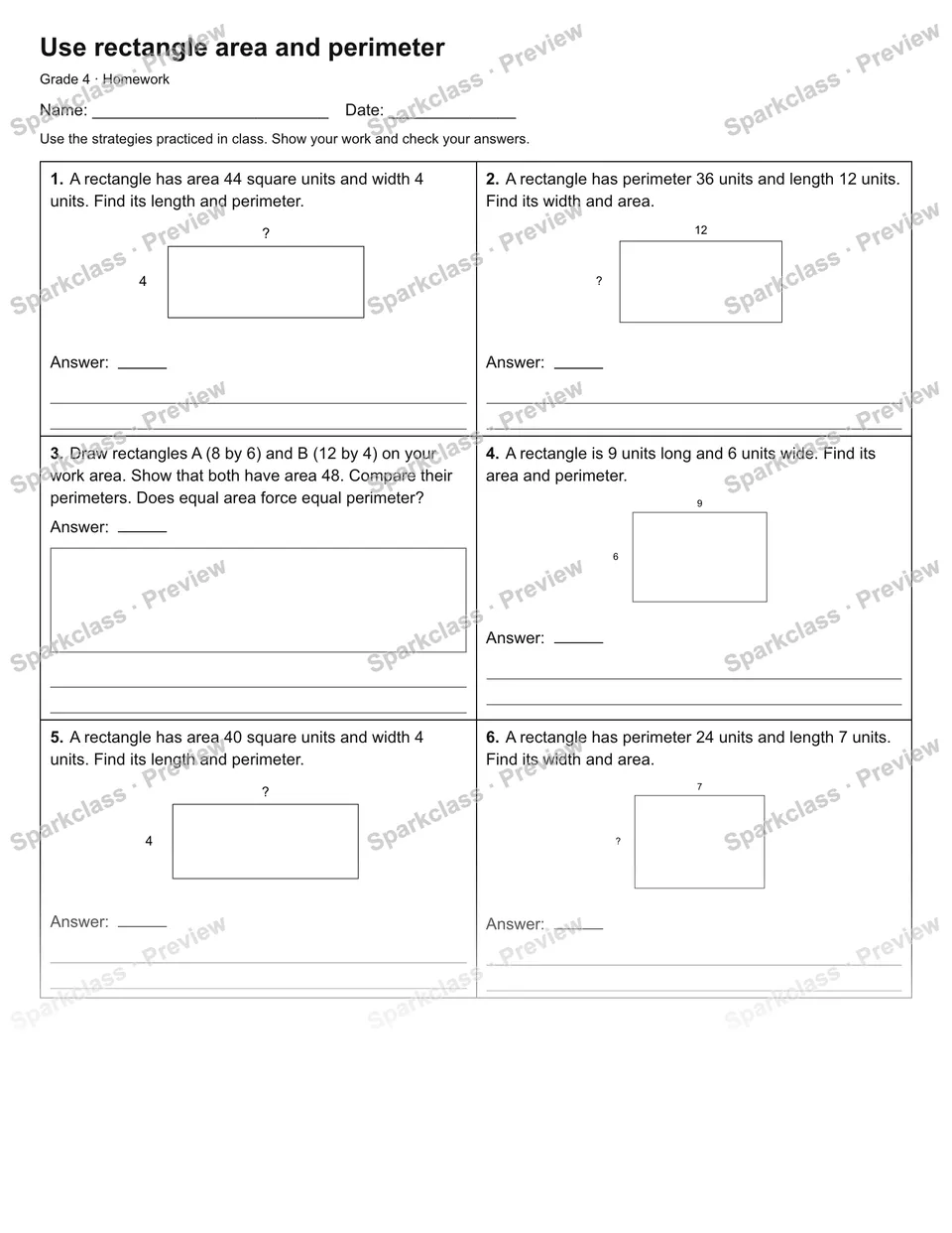 Use rectangle area and perimeter — Homework — page 1
