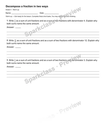 Decompose a fraction in two ways — Warm-up — Grade 4 worksheet preview