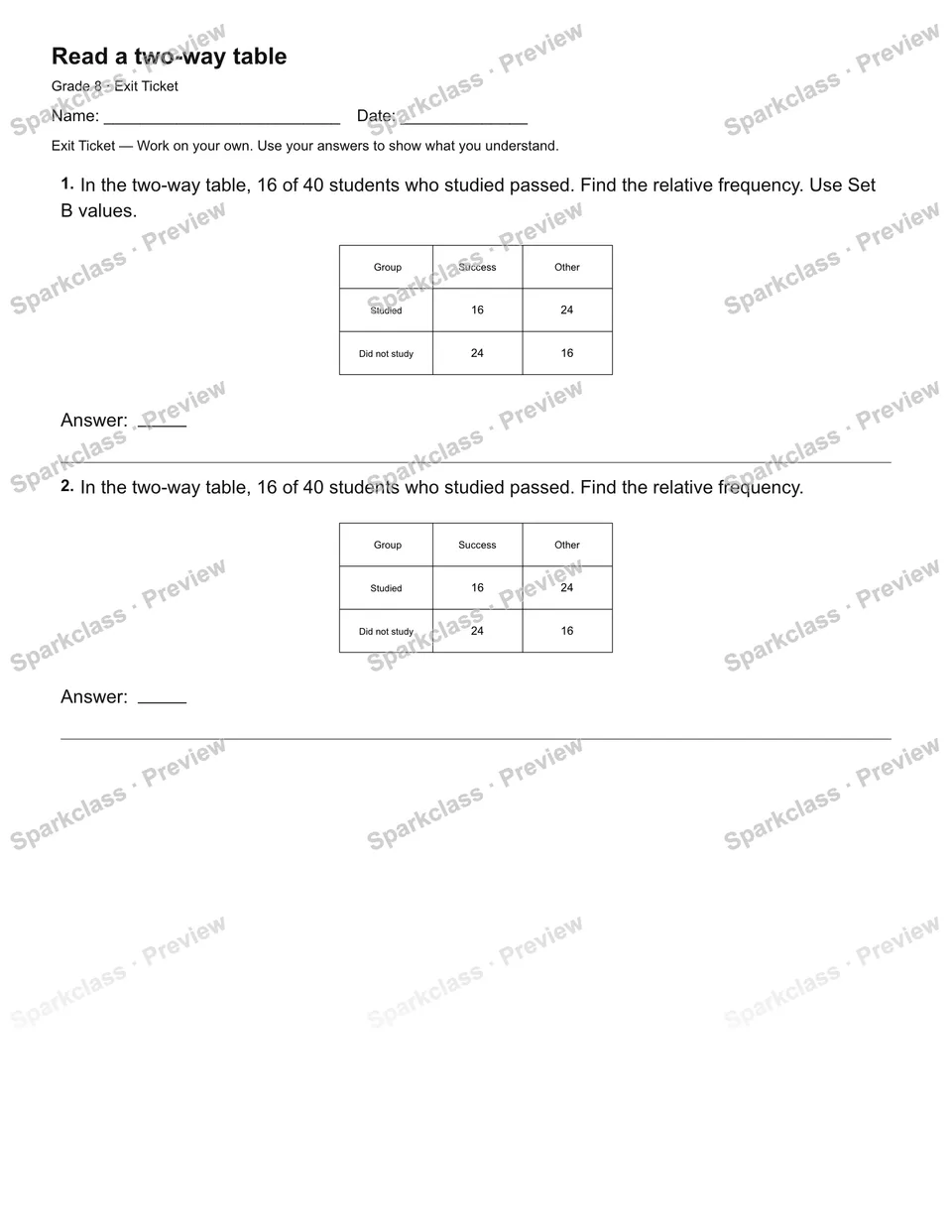 Read a two-way table — Exit Ticket — page 2