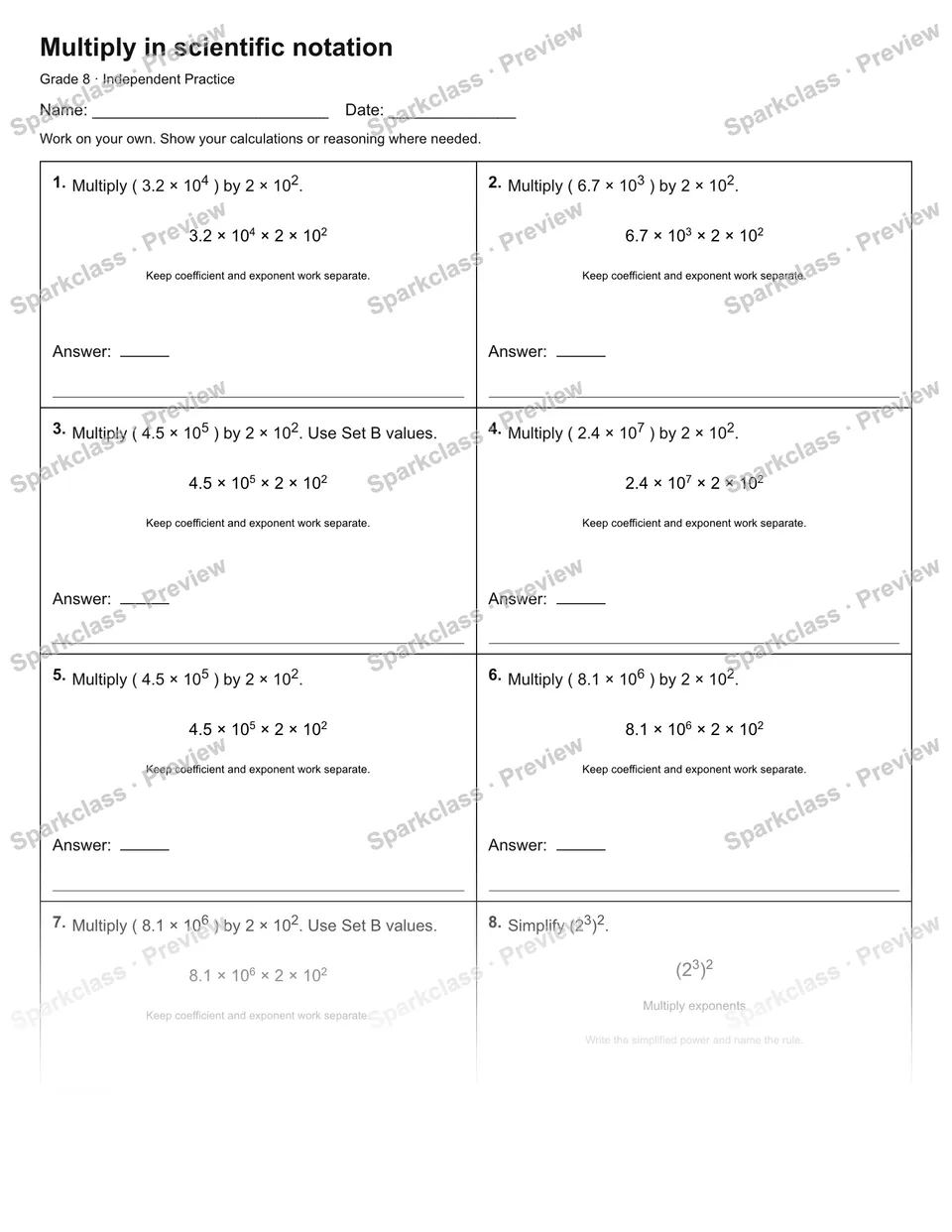 Multiply in scientific notation — Independent Practice — page 1