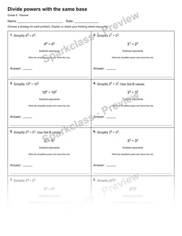Divide powers with the same base — Review — Grade 8 worksheet preview