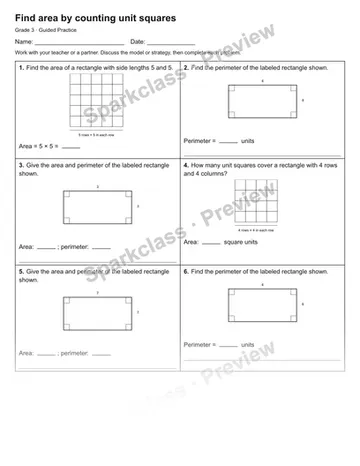 Find area by counting unit squares — Guided Practice — Grade 3 worksheet preview