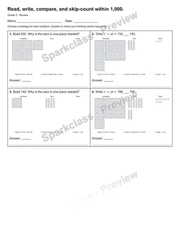 Read, write, compare, and skip-count within 1,000. — Review — Grade 2 worksheet preview