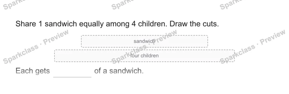Share 1 sandwich equally among 4 children. Draw the cuts. sandwich four children Each gets of a sandwich. — page 1