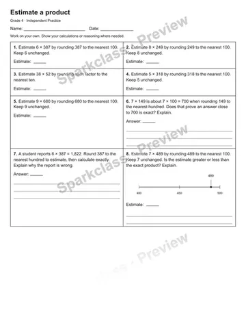Estimate a product — Independent Practice — Grade 4 worksheet preview