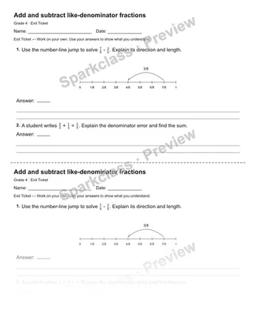 Add and subtract like-denominator fractions — Exit Ticket — Grade 4 worksheet preview