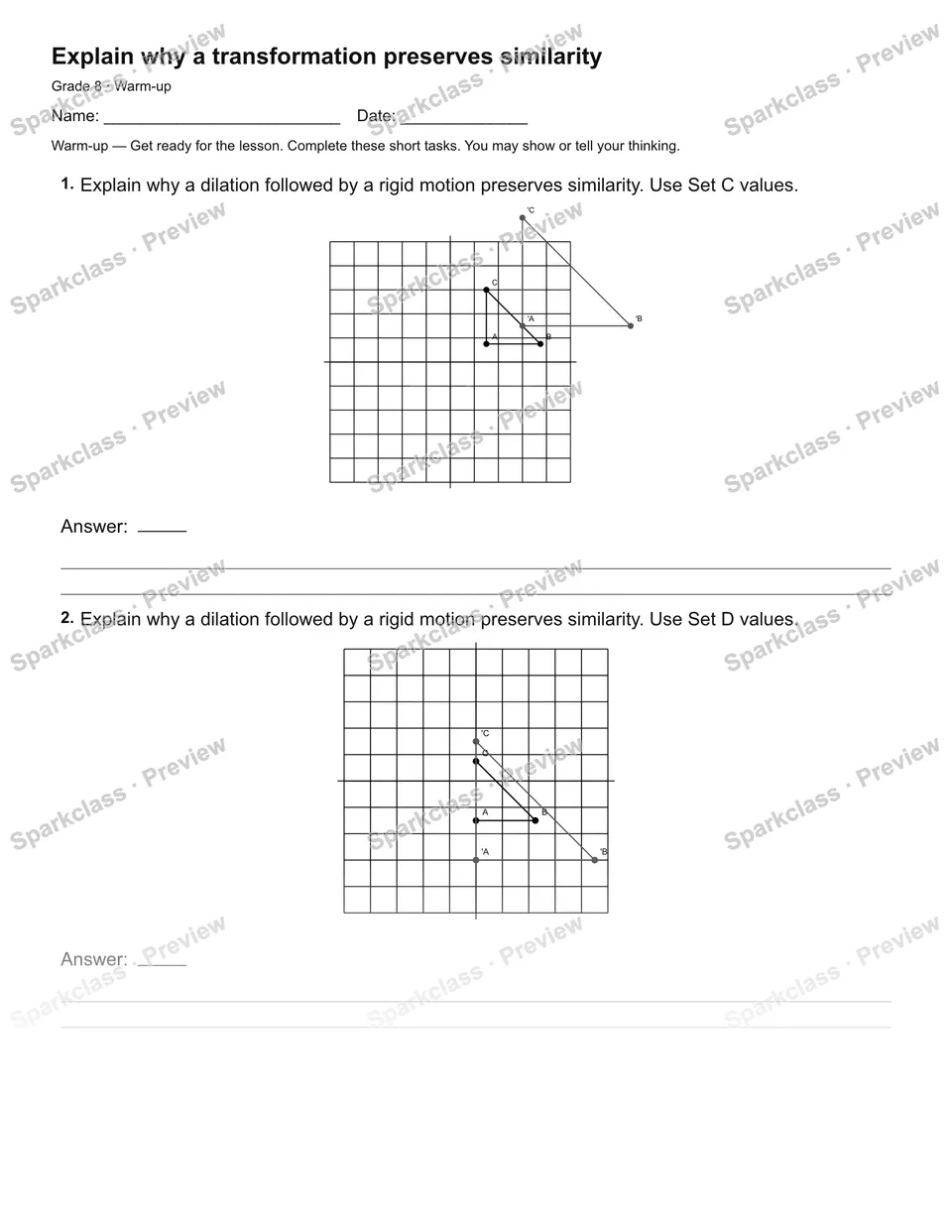 Explain why a transformation preserves similarity — Warm-up — page 1