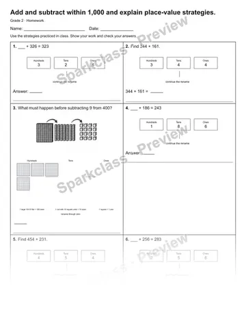 Add and subtract within 1,000 and explain place-value strategies. — Homework — Grade 2 worksheet preview