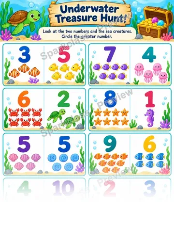 Compare Numbers · Underwater Treasure Hunt — Kindergarten worksheet preview