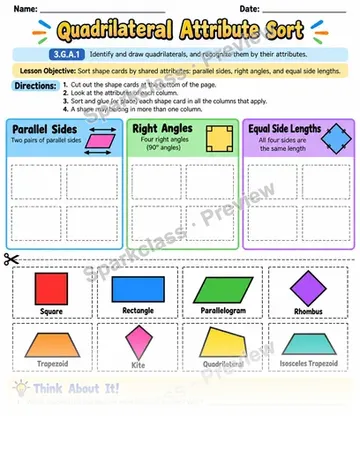 Quadrilateral Attribute Sort — Grade 3 worksheet preview