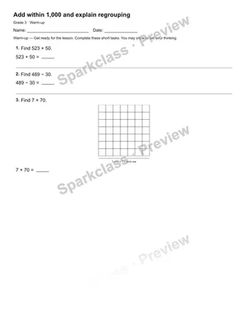 Add within 1,000 and explain regrouping — Warm-up — Grade 3 worksheet preview