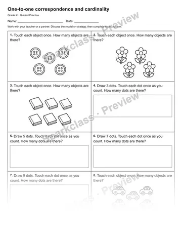 One-to-one correspondence and cardinality — Guided Practice — Kindergarten worksheet preview