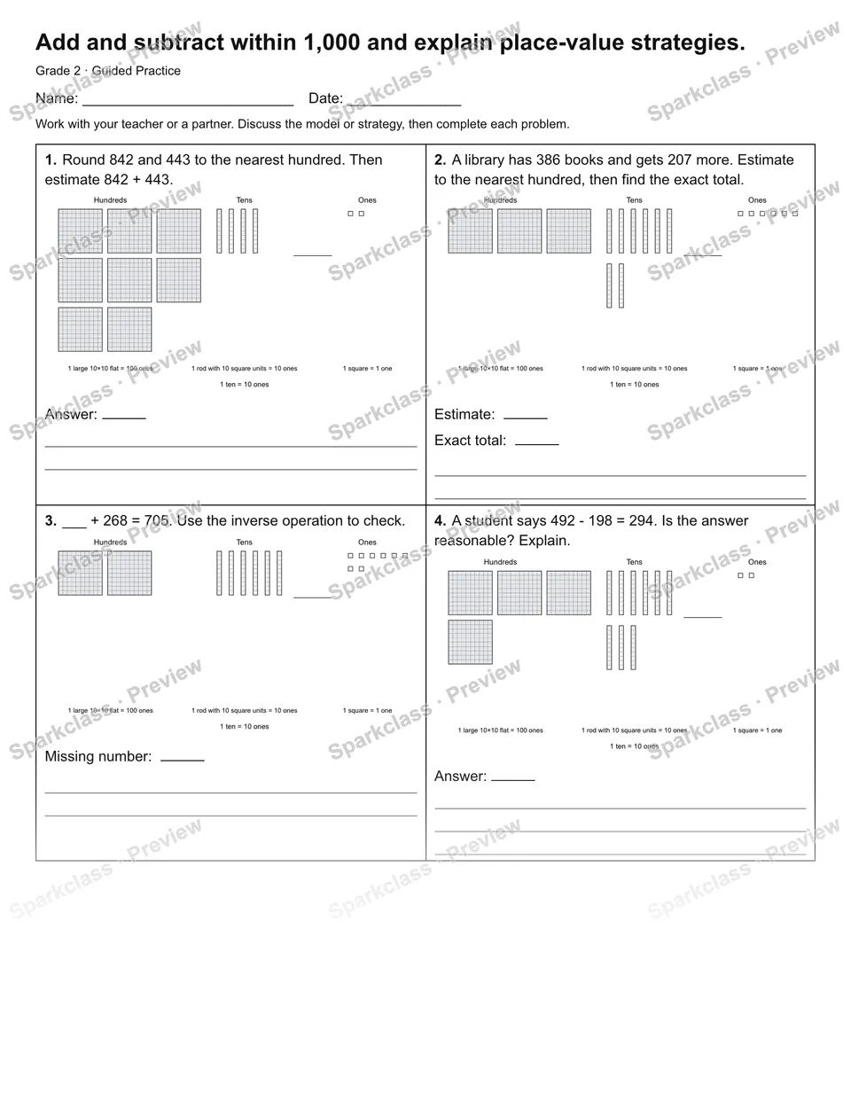 Add and subtract within 1,000 and explain place-value strategies. — Guided Practice — page 1