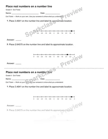 Place real numbers on a number line — Exit Ticket — Grade 8 worksheet preview