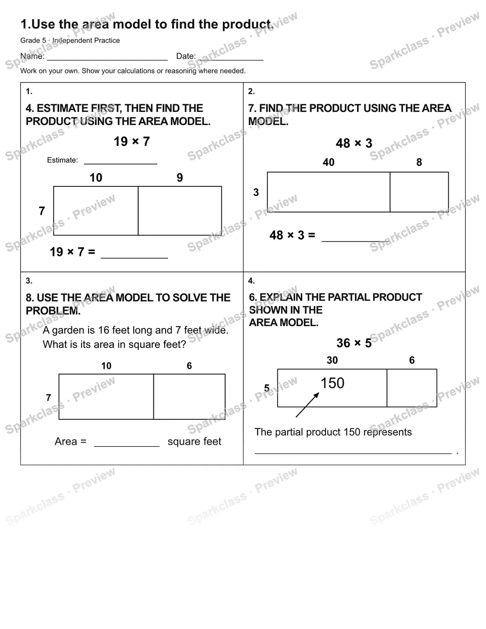 1.Use the area model to find the product. — Independent Practice — page 1