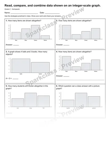 Read, compare, and combine data shown on an integer-scale graph. — Homework — Grade 2 worksheet preview
