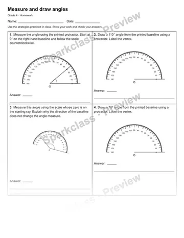 Measure and draw angles — Homework — Grade 4 worksheet preview