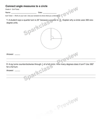Connect angle measures to a circle — Exit Ticket — Grade 4 worksheet preview