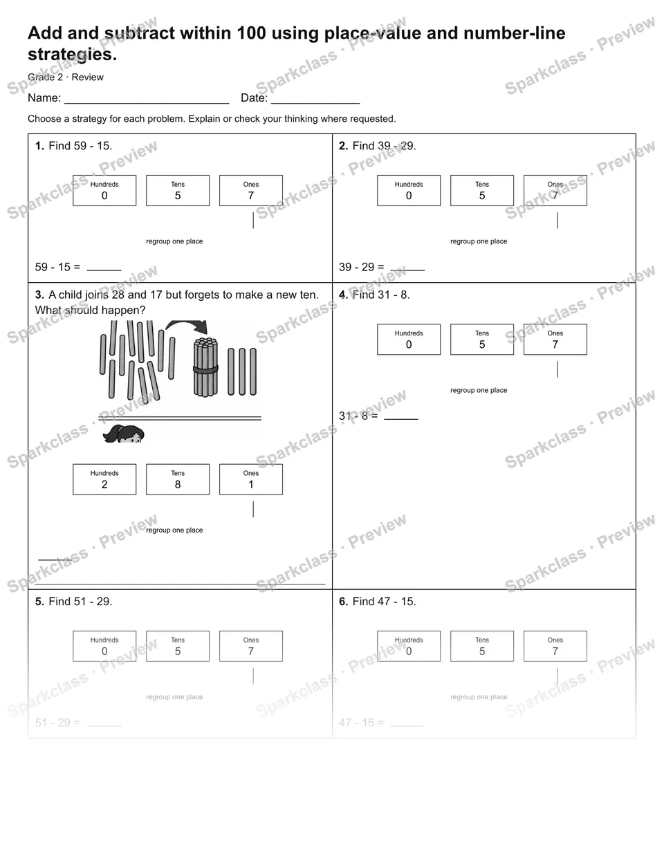 Add and subtract within 100 using place-value and number-line strategies. — Review — page 1
