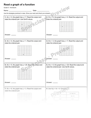 Read a graph of a function — Homework — Grade 8 worksheet preview