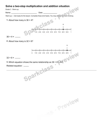 Solve a two-step multiplication and addition situation — Warm-up — Grade 3 worksheet preview