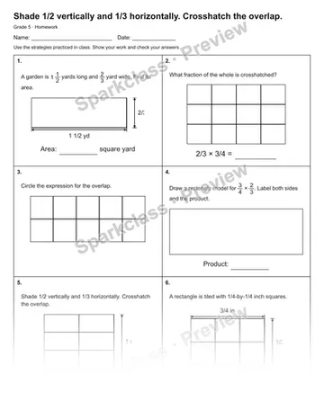Shade 1/2 vertically and 1/3 horizontally. Crosshatch the overlap. — Homework — Grade 5 worksheet preview