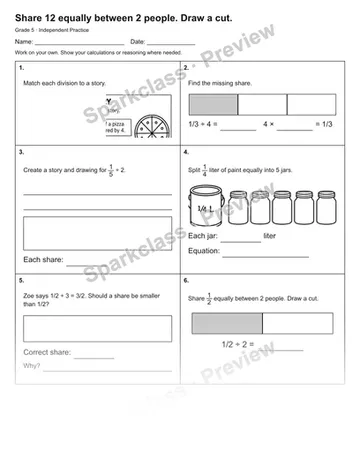 Share 12 equally between 2 people. Draw a cut. — Independent Practice — Grade 5 worksheet preview