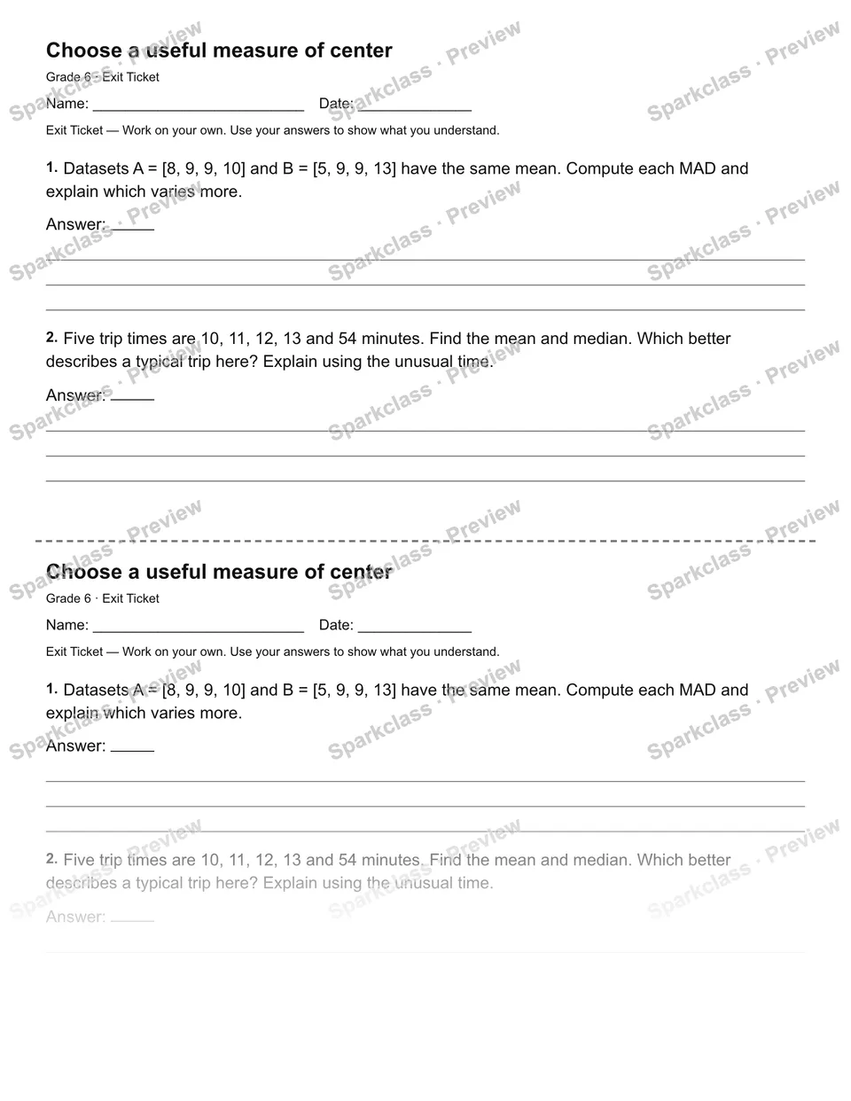Choose a useful measure of center — Exit Ticket — page 1