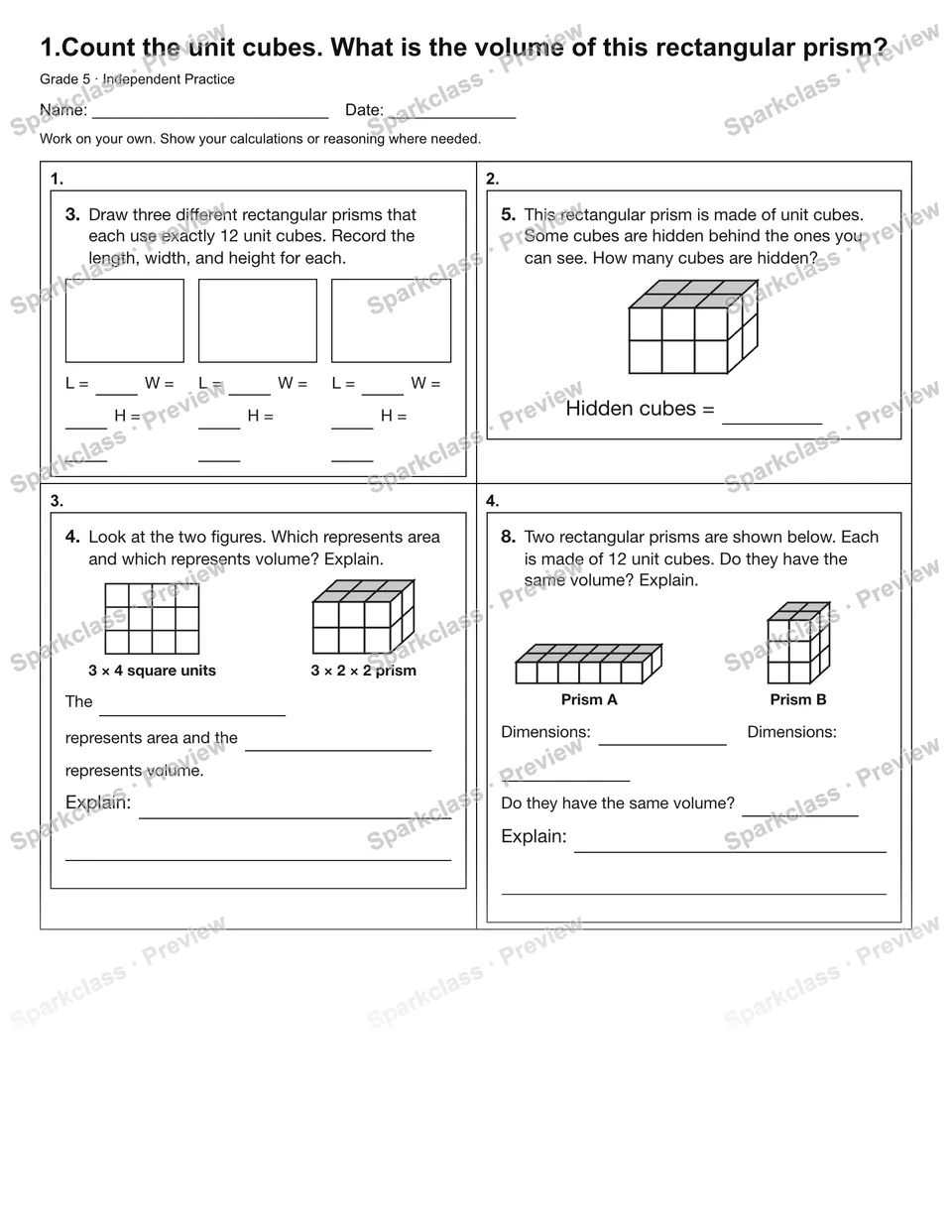 1.Count the unit cubes. What is the volume of this rectangular prism? — Independent Practice — page 1