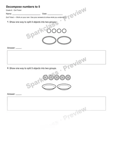 Decompose numbers to 5 — Exit Ticket — Kindergarten worksheet preview