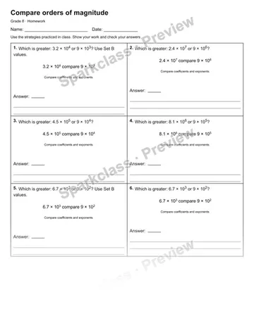 Compare orders of magnitude — Homework — Grade 8 worksheet preview