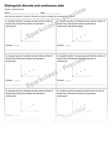 Distinguish discrete and continuous data — Guided Practice — Grade 8 worksheet preview