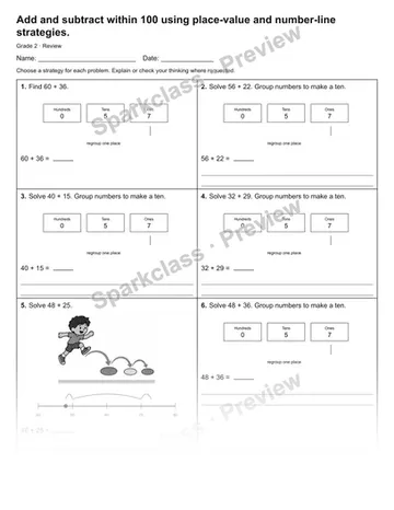 Add and subtract within 100 using place-value and number-line strategies. — Review — Grade 2 worksheet preview