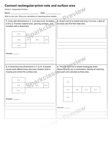 Connect rectangular-prism nets and surface area — Independent Practice — Grade 6 worksheet preview