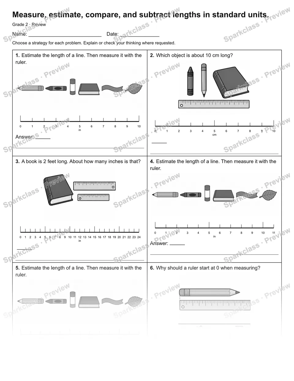 Measure, estimate, compare, and subtract lengths in standard units. — Review — page 1