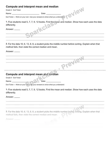 Compute and interpret mean and median — Exit Ticket — Grade 6 worksheet preview