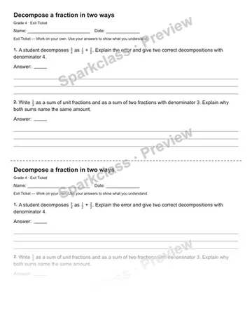 Decompose a fraction in two ways — Exit Ticket — Grade 4 worksheet preview