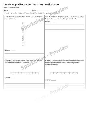 Locate opposites on horizontal and vertical axes — Guided Practice — Grade 6 worksheet preview