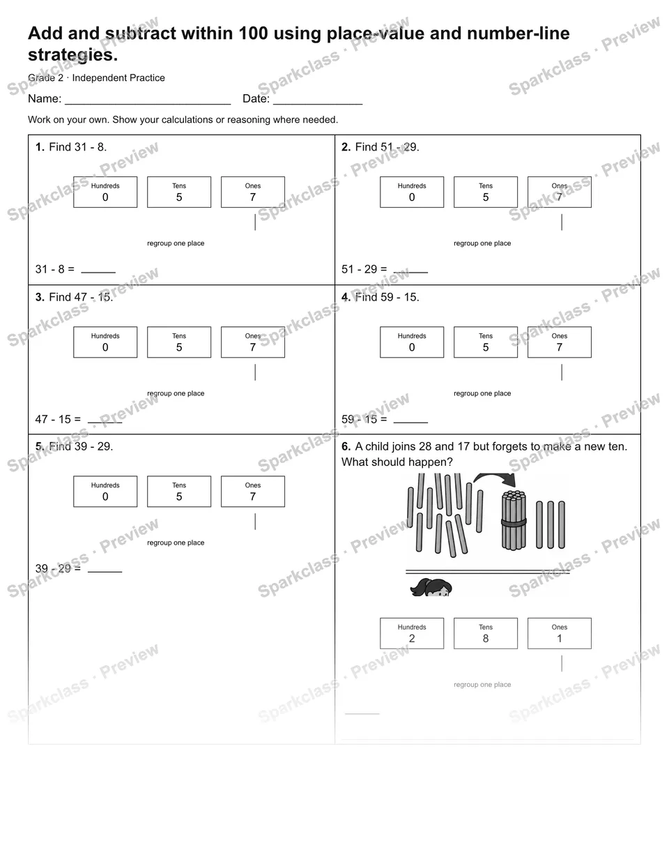 Add and subtract within 100 using place-value and number-line strategies. — Independent Practice — page 1