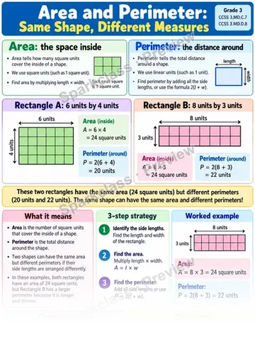 Knowledge Guide · Area and Perimeter: Same Shape, Different Measures — Grade 3 worksheet preview