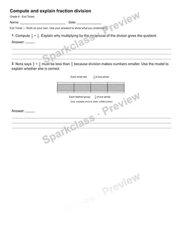 Compute and explain fraction division — Exit Ticket — Grade 6 worksheet preview