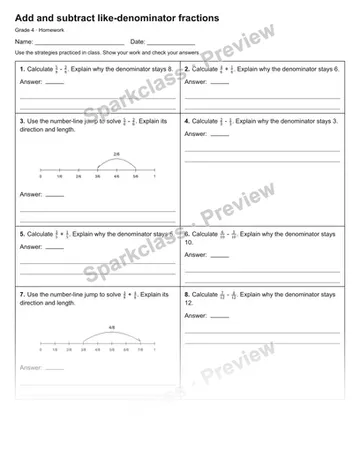 Add and subtract like-denominator fractions — Homework — Grade 4 worksheet preview