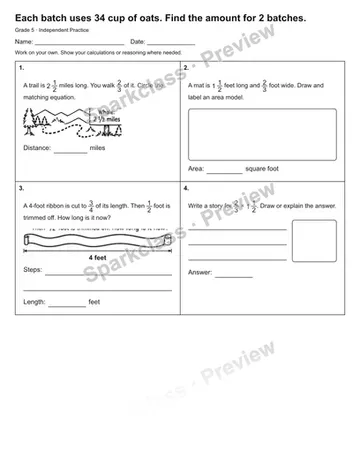Each batch uses 34 cup of oats. Find the amount for 2 batches. — Independent Practice — Grade 5 worksheet preview