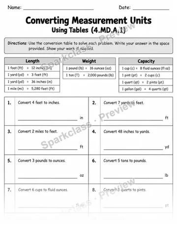 4.MD.A.1 · 1 Measurement Units Variant 01 — Grade 4 worksheet preview