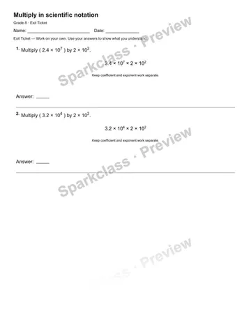 Multiply in scientific notation — Exit Ticket — Grade 8 worksheet preview